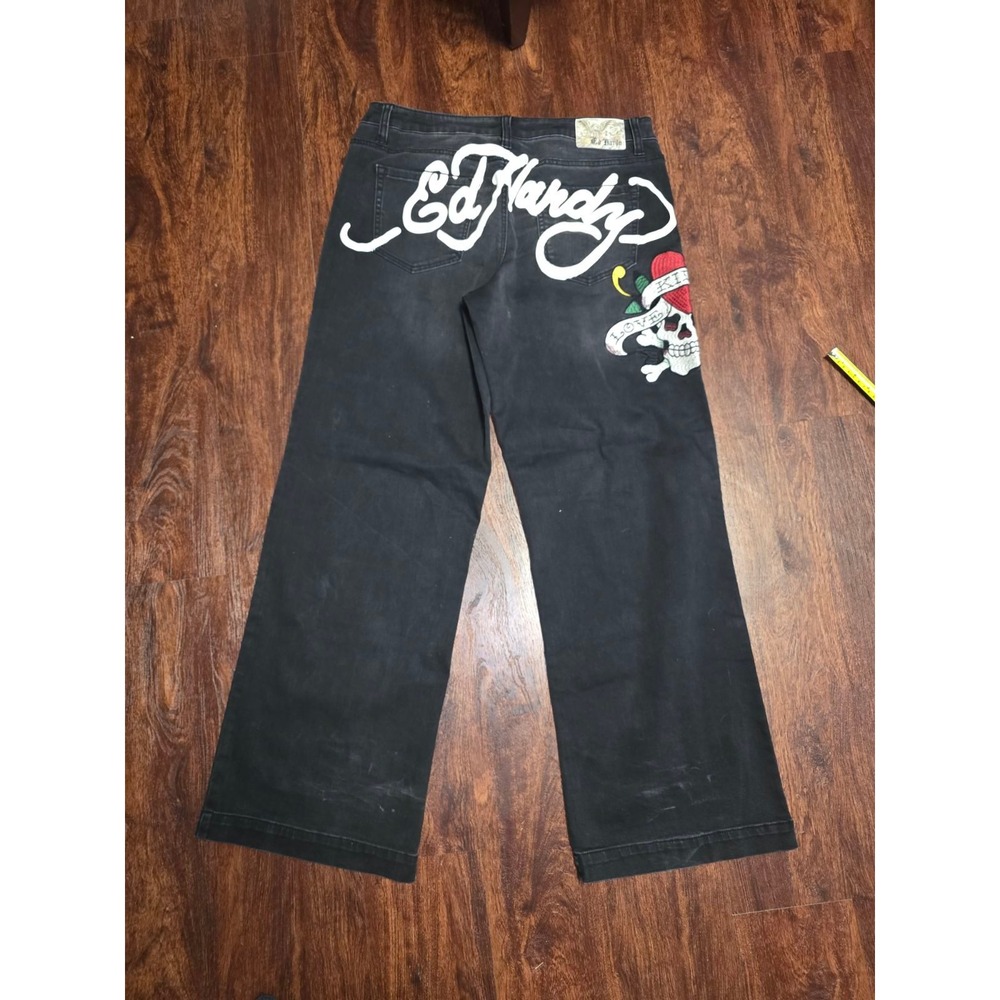 Ed Hardy Black Embroidered Skull Love Kills Jeans Men's 32x32 Y2K Tattoo Graphic